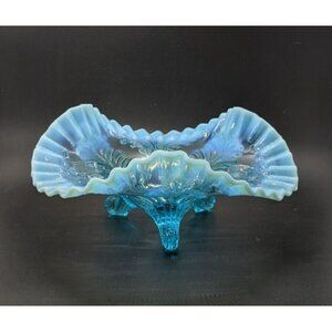 Antique Dugan Glass Bowl Blue Opalescent Palm and Scroll Ruffled Edge Footed 9"